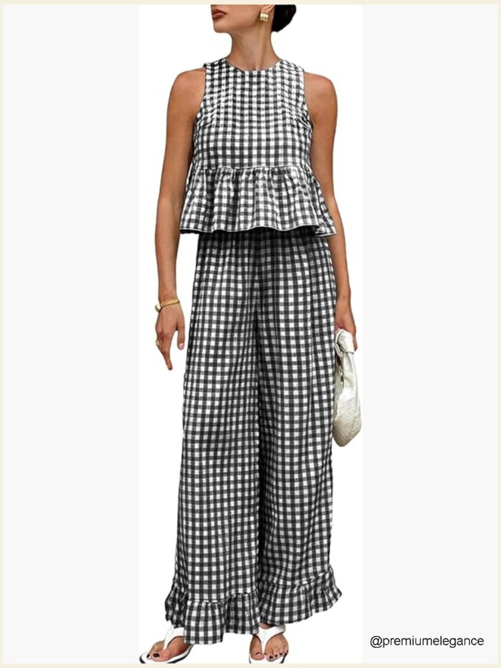 Women's 2 Piece Gingham Set Sleeveless Tank Wide Leg Pants Ruffle Hem Lounge